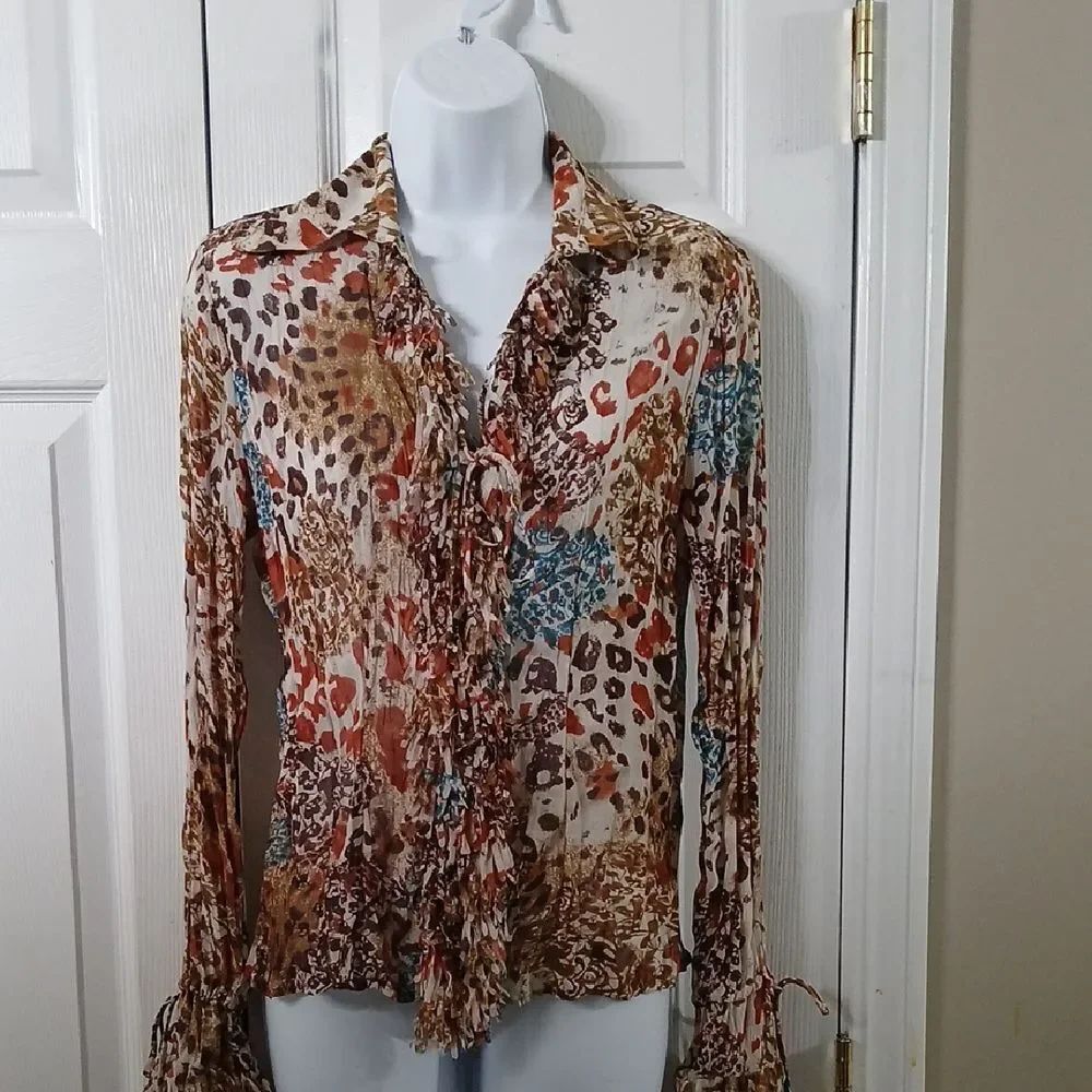 Violet & Claire multi print sheer blouse fringe cuffs and fringe at buttons